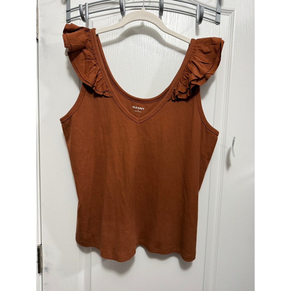 New Old Navy Womens 2X Ribbed Ruffle trim Knit Tank Top Plus Size Chestnut brown